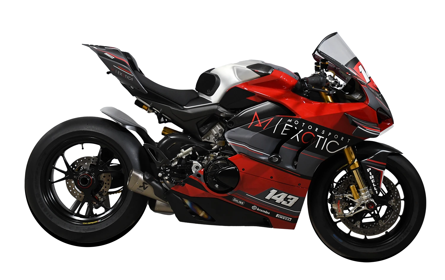 Race-prepped sport bike with red and grey Motorsport Exotica livery and number 143 on rear paddock stand