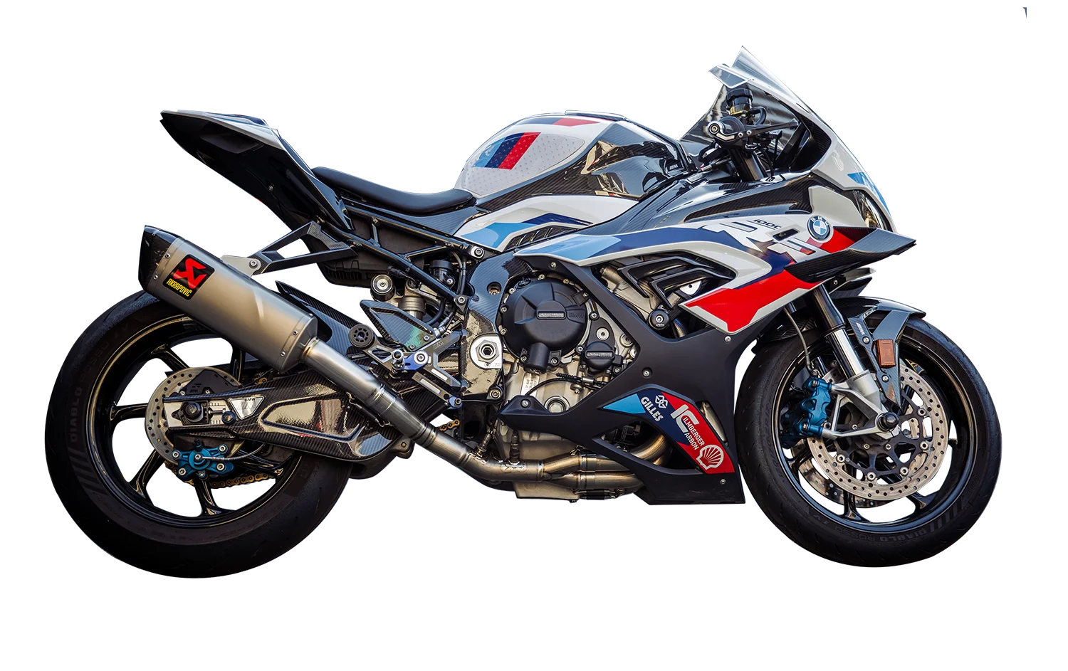 BMW Performance Bike with carbon-fiber fairings, Akrapovič exhaust, and red-blue M livery on naked sport chassis.
