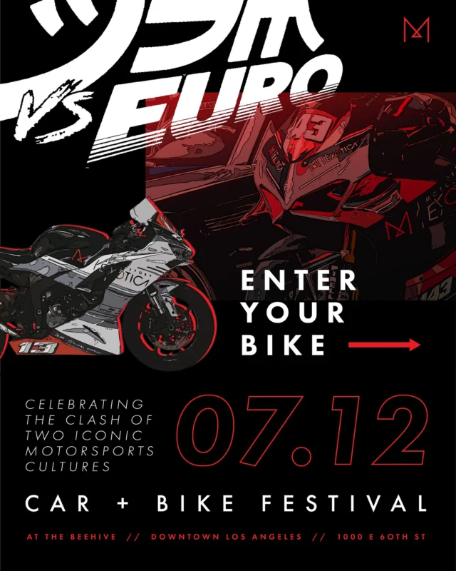 Socal’s biggest car and bike festival of the summer is almost here. Celebrating two iconic motorsports cultures, this is a one-of-a-kind viewing of the best JDM and European builds around. 

Do you have a JDM or European bike that you think will make the cut? Registration instructions are in this post. 

Just want to be a spectator? Tickets are still available: JDMvsEuro.com

See you there. 

#motorsportexotica #motorcycle #Racing #carbonfiber #titanium #bmw #bmwmotorrad #bmwconcepts #bmwmotorcycles #s1000rr #superbike #racebike #ducati #kawasaki #jdm #euro #jdmvseuro #motorcycle #carshow #bikeshow #carshow #bikeshow #car #ferrari #porsche #kawasaki #ducati #honda #toyota #lamborghini